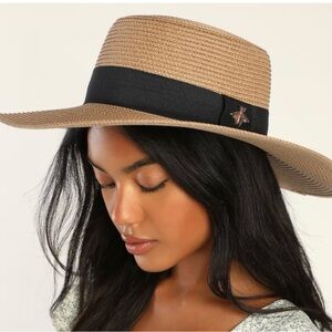 Tan and Black Straw Wide Brim Hat with Grosgrain Ribbon & Bee Pendent